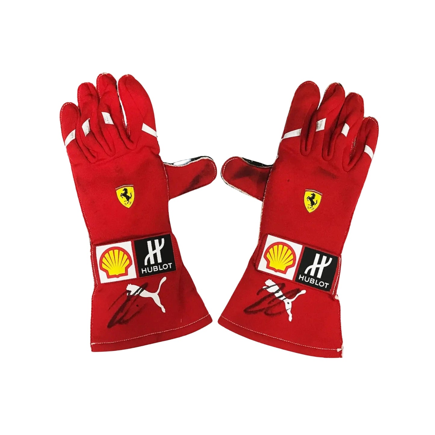 Red Kimi Raikkonen 2018 F1 racing gloves with sponsor logos on a white background