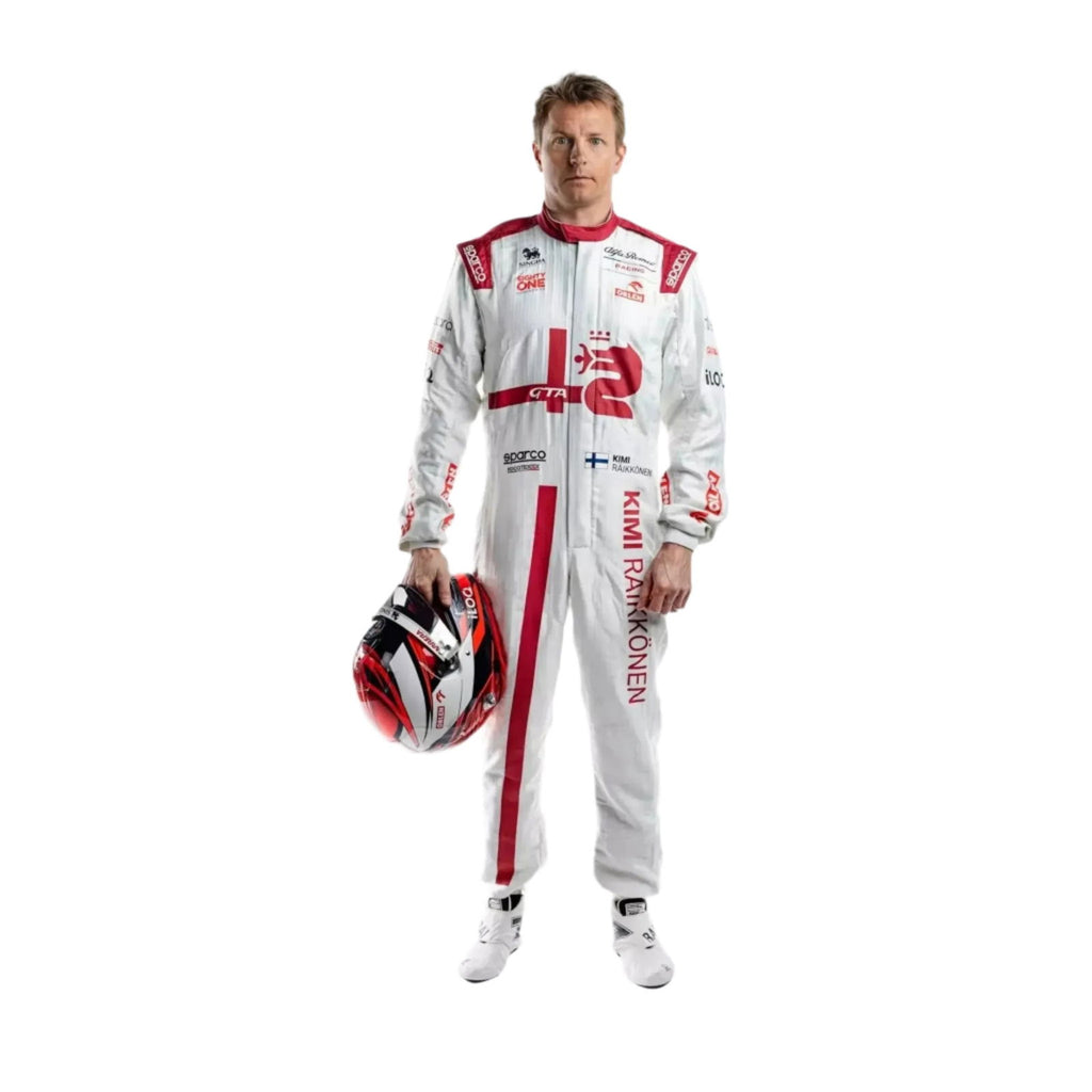 Kimi Raikkonen, wearing a white Kimi Raikkonen 2021 F1racing suit with red accents, holding a helmet on a white background
