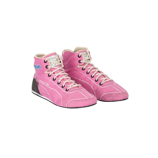 Pink high-top Lance Stroll 2020 F1 racing shoes with black accents on a white background