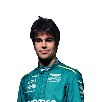Lance stroll 2024 aston martin wearing a teal f1 racing suit with sponsor logos on a white background