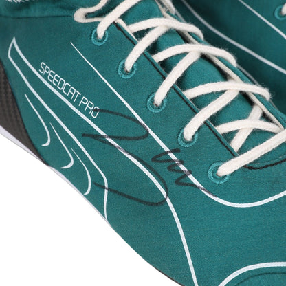 Teal Lance Stroll Dutch GP 2022 F1 racing shoe with white laces and 'Speedcat Pro' branding on a white background