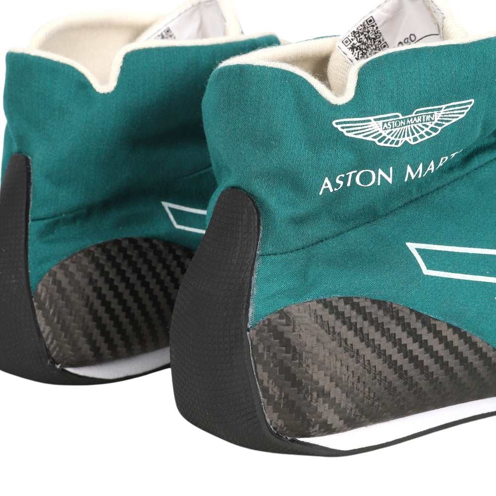 Teal Lance Stroll Dutch GP 2022 F1 racing shoes with Aston Martin logo on a white background