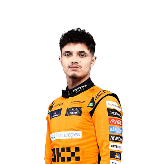 Lando Norris wearing an orange racing suit with various sponsor logos on a white background