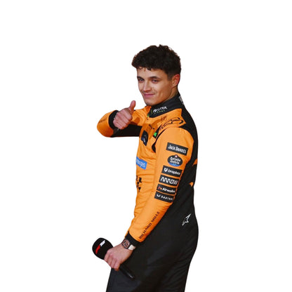 Close-up of fabric texture and detailed stitching on Lando Norris 2025 F1 racing costume showcasing premium finishes and logo embroidery.