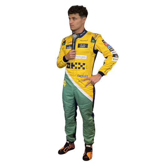 Lando Norris wearing a yellow and green McLaren F1 racing suit in Monaco GP with various sponsor logos on a white background