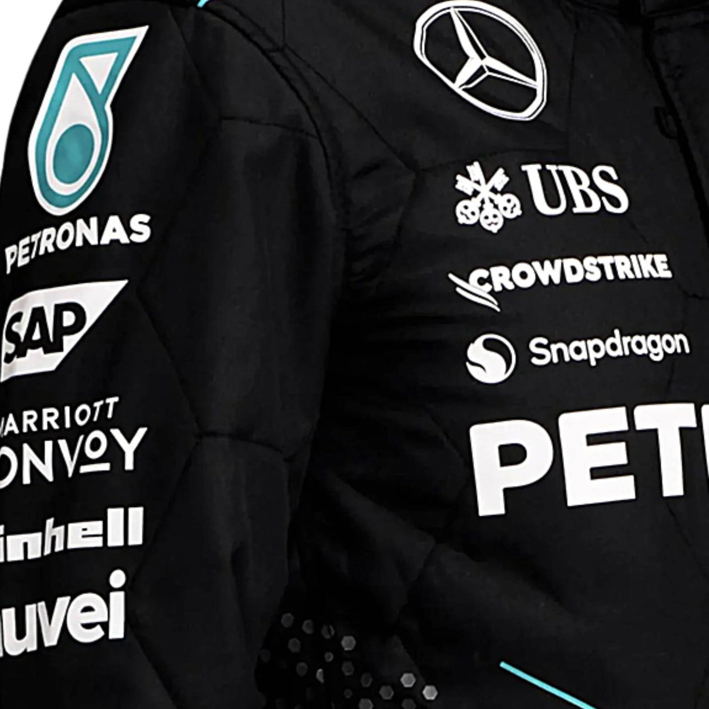 Lewis Hamilton 2024 F1 Racing Suit Team PETRONAS Mercedes with various brand logos on a dark background