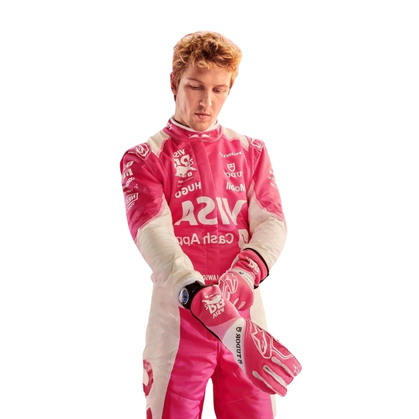 Liam Lawson wearing a pink Miami GP RB 2025 F1 racing suit with various sponsor logos on a white background