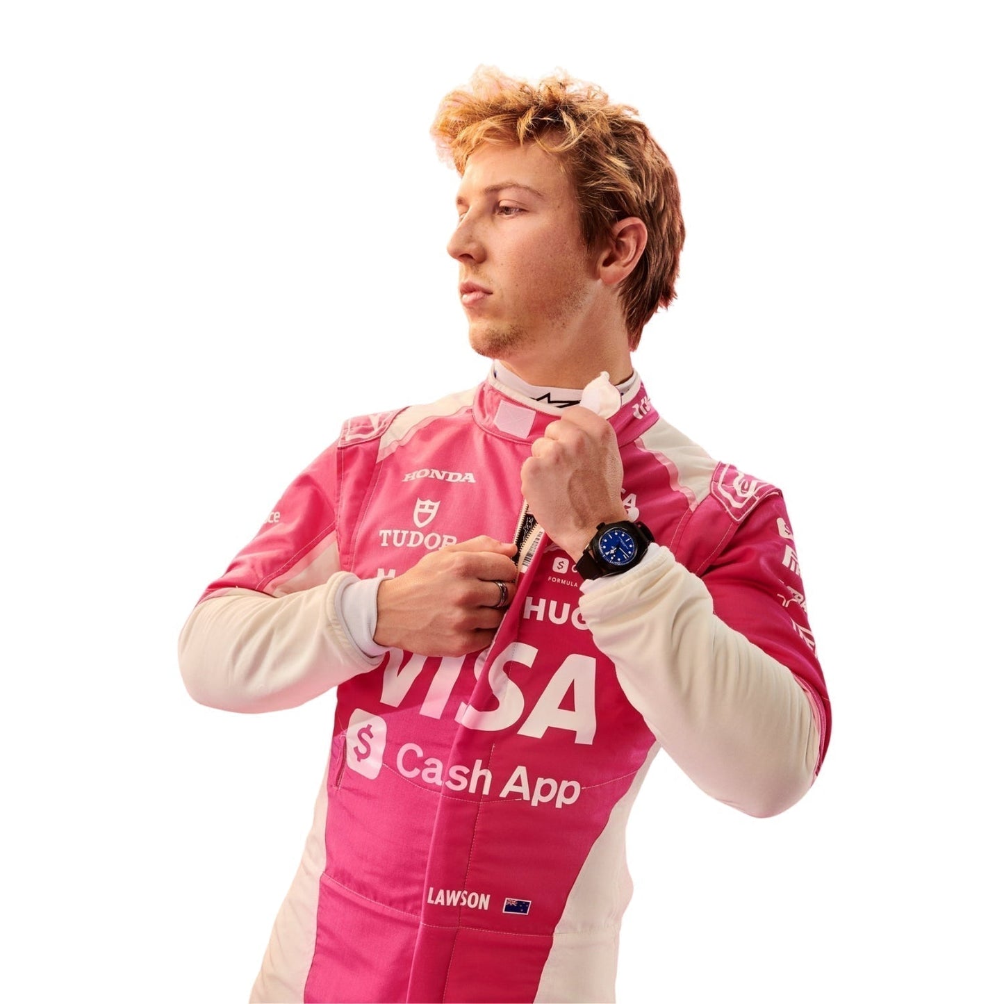 Liam Lawson wearing a pink Miami GP RB 2025 F1 racing suit with various brand logos on a white background