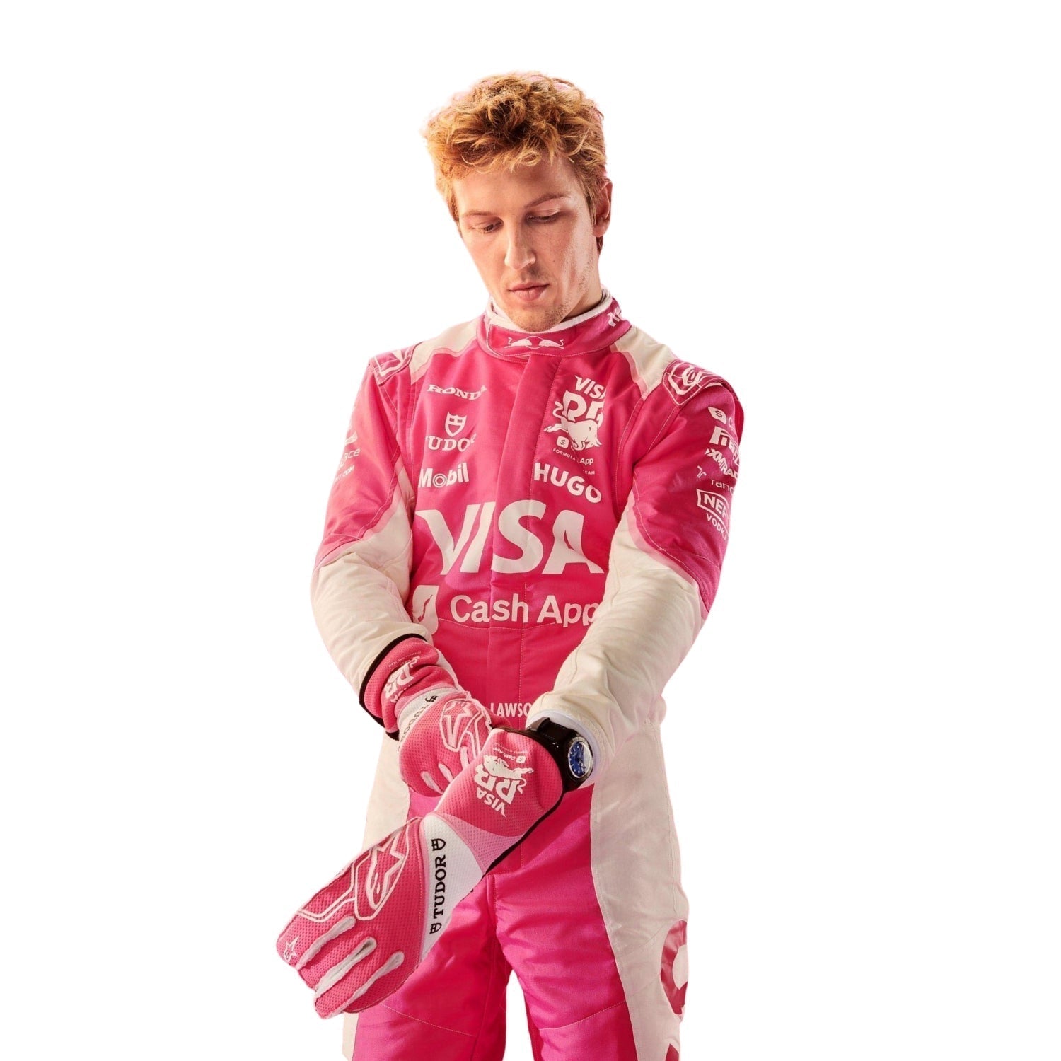 Liam Lawson wearing a pink Miami GP RB 2025 F1 racing suit with various sponsor logos on a white background
