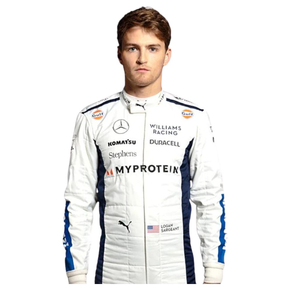 Logan Sargeant wearing a white 2024 Williams F1 racing suit with various sponsor logos on a white background