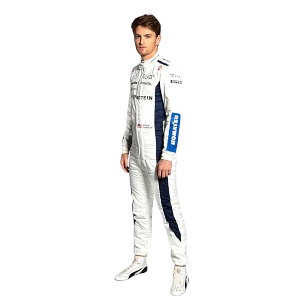 Logan Sargeant wearing a white Williams 2024 F1 racing suit with blue accents on a white background