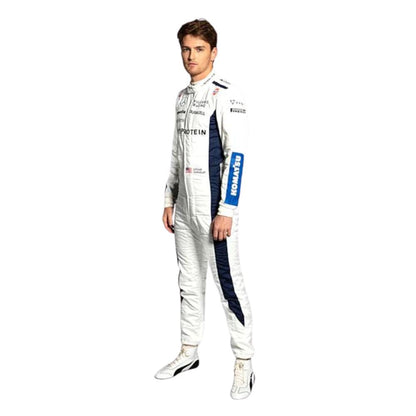 Logan Sargeant wearing a white Williams 2024 F1 racing suit with blue accents on a white background