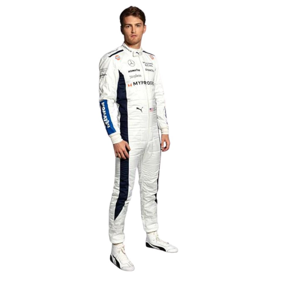 Logan Sargeant wearing a willimas white 2024 f1 racing suit with sponsor logos on a white background