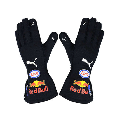 Black Max Verstappen 2021 F1 racing gloves with Red Bull and Esso logos on a white background