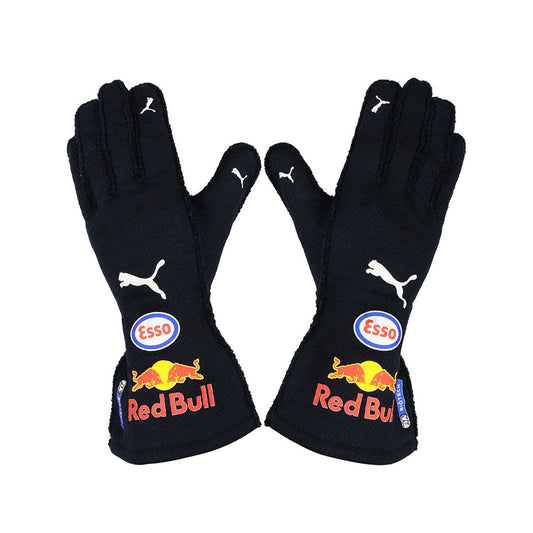 Black Max Verstappen 2021 F1 racing gloves with Red Bull and Esso logos on a white background