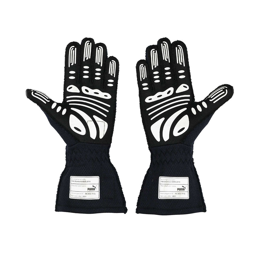Pair of black Max Verstappen 2021 F1 racing gloves with white patterns on a white background