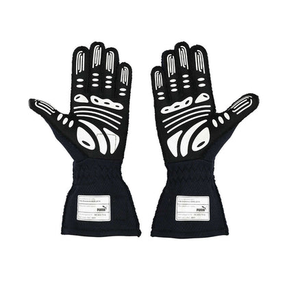 Pair of black Max Verstappen 2021 F1 racing gloves with white patterns on a white background