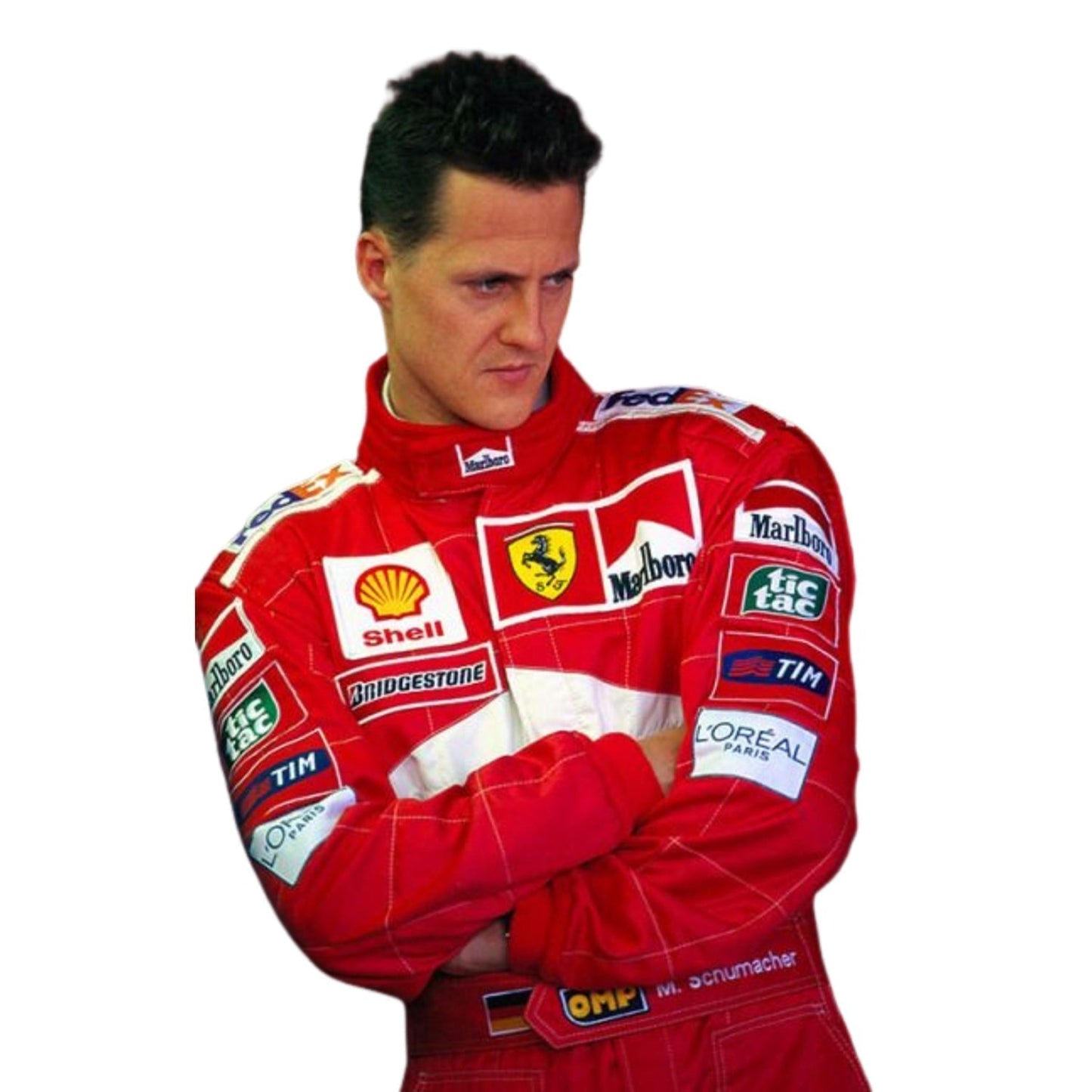 Close-up detail of the upper torso and collar of Schumacher’s 2001 Belgian GP suit, highlighting team patchwork and precision stitching.