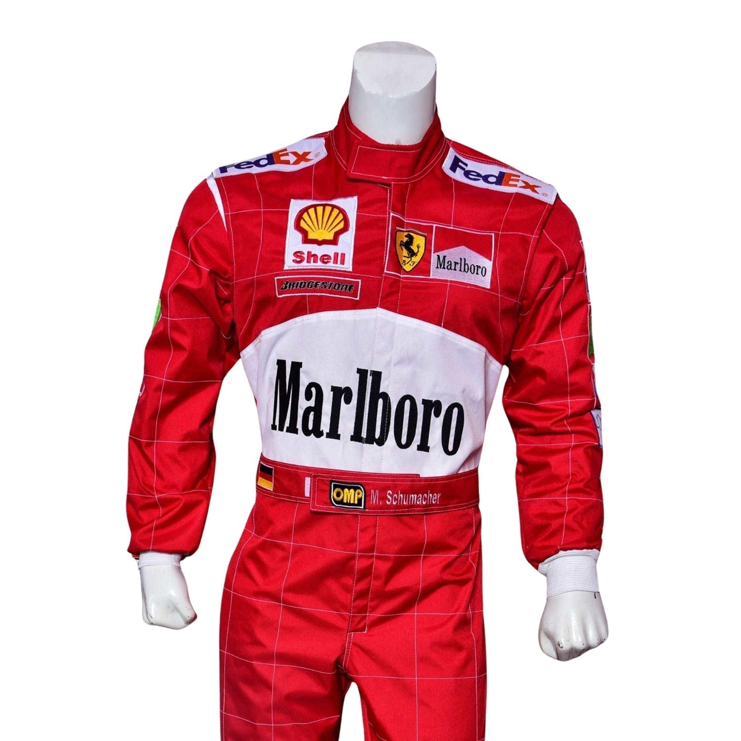Close-up detail of the upper torso and collar of Schumacher’s 2001 Belgian GP suit, highlighting team patchwork and precision stitching.