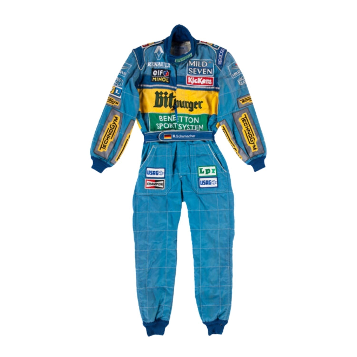 Front view of Michael Schumacher’s 1995 F1 race suit in deep blue and bright green, featuring signature Bitburger and sponsor patches from his title year.