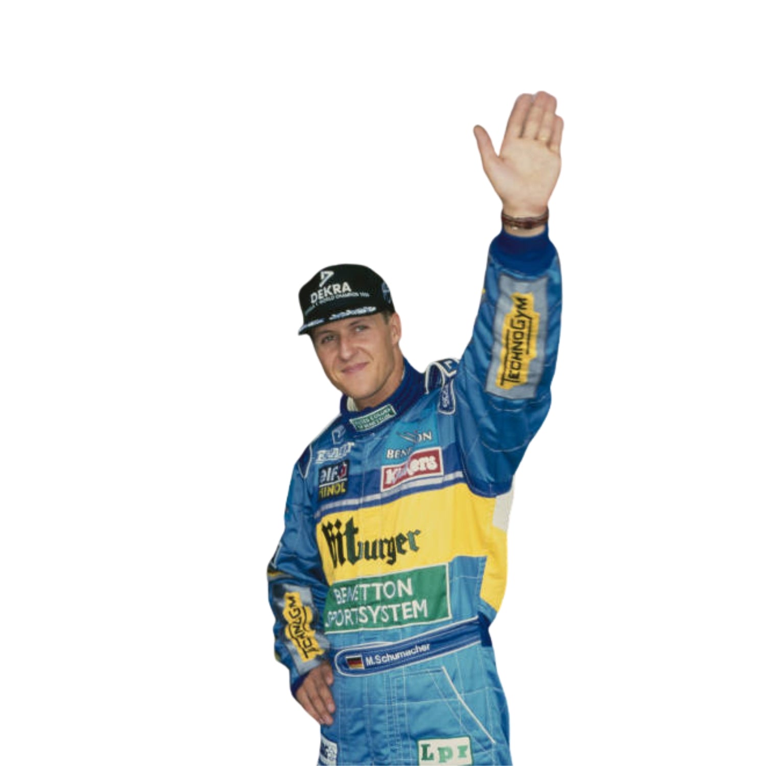Close-up shot of Schumacher’s 1995 race suit, displaying detailed stitching, blue-green paneling, and the iconic yellow Bitburger logo placement.