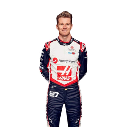 Close-up of Nico Hülkenberg's 2024 F1 race suit, displaying the intricate red, white, and black material with sponsor logos.