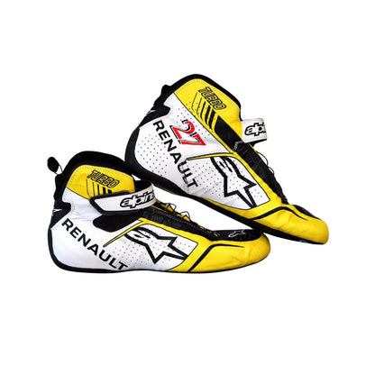 Pair of Nico Hulkenberg French GP Renault F1 racing boots with yellow and white design on a white background