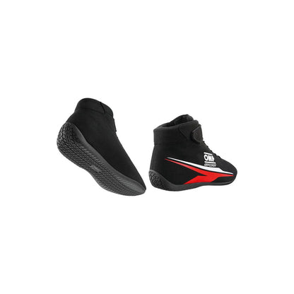 Black high-top OMP Sport Racing shoes with red accents on a white background