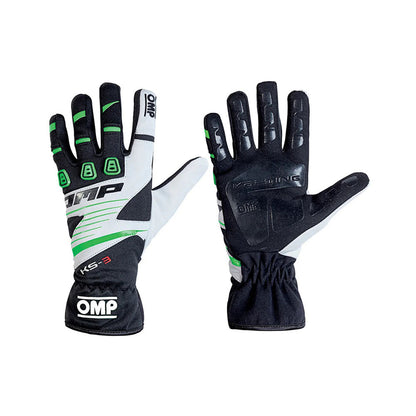 Pair of black and green OMP KS-3 Youth Kart racing gloves with OMP branding on a white background