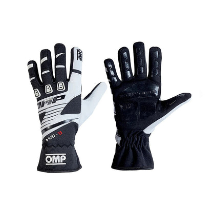 Pair of black and white OMP KS-3 Youth Kart racing gloves with OMP branding on a white background