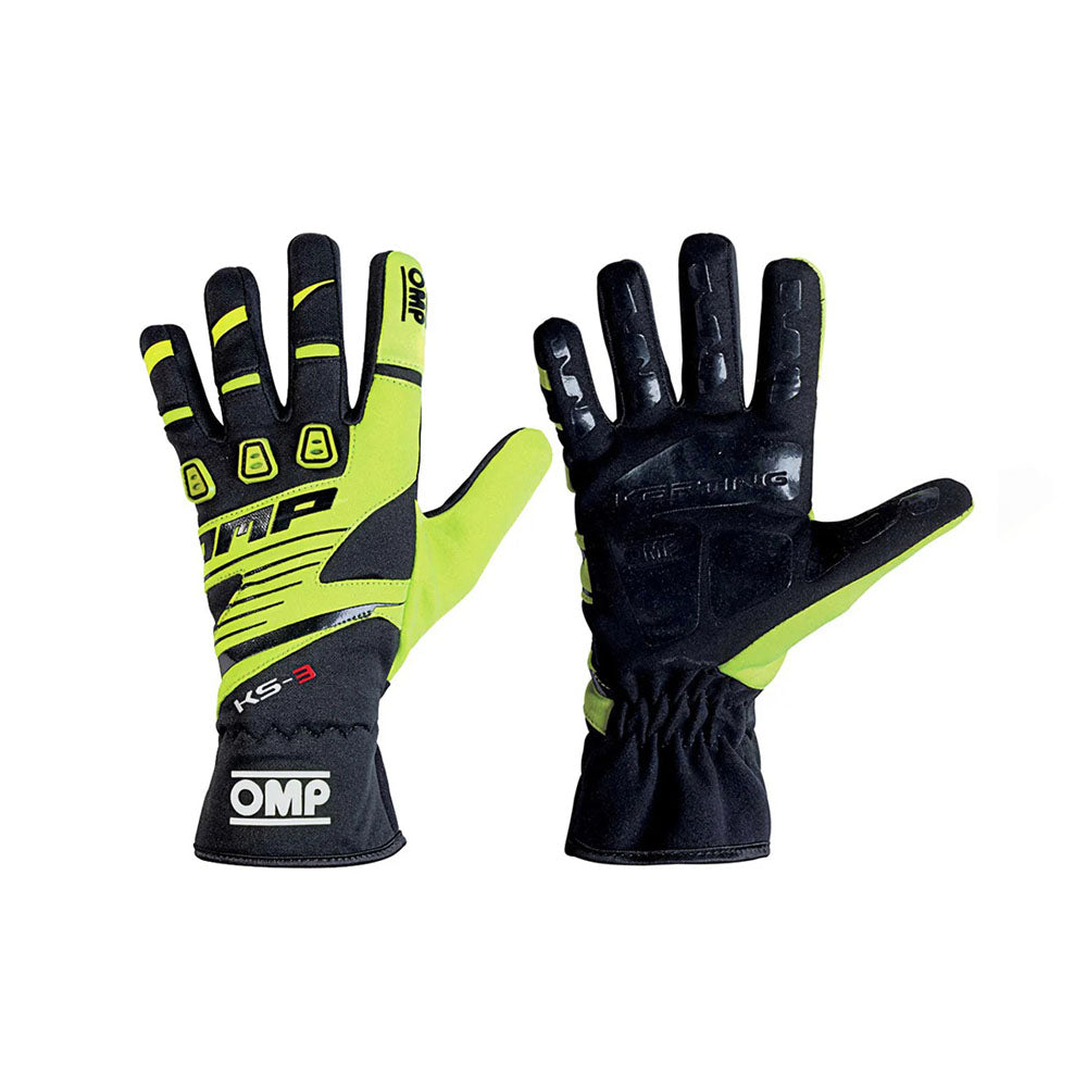 Pair of black and yellow OMP KS-3 Youth Kart racing gloves with OMP branding on a white background