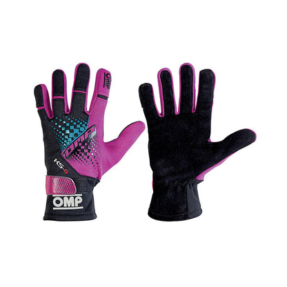 Pair of black and pink OMP KS-4 2022 Youth Kart racing gloves with OMP logo on a white background