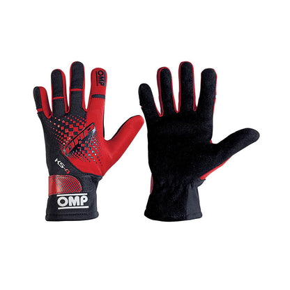 Black and red OMP KS-4 2022 Youth Kart racing gloves with OMP logo on a white background