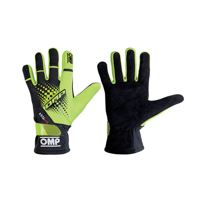 Pair of black and green OMP KS-4 2022 Youth Kart racing gloves with OMP branding on a white background