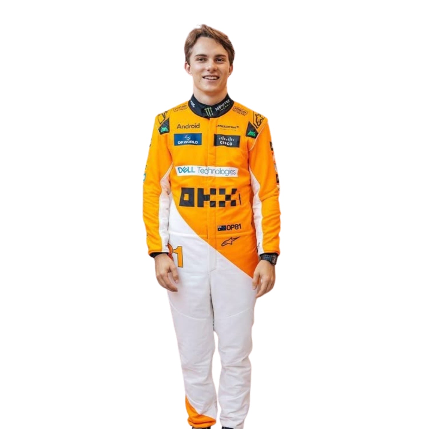 Close-up of Oscar Piastri 2024 Singapore GP papaya orange racing suit stitching and sponsor logos