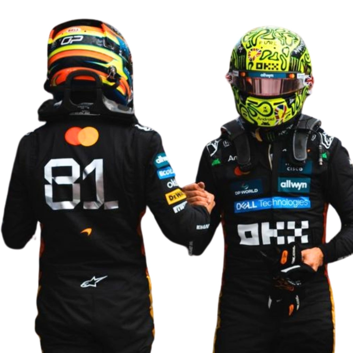 Stitching and logo detailing of Norris & Piastri black 2025 Silverstone F1 suits 