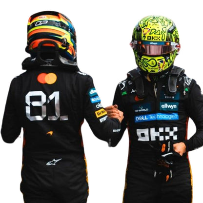 Stitching and logo detailing of Norris & Piastri black 2025 Silverstone F1 suits 