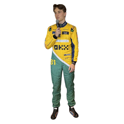 Oscar Piastri wearing a yellow and green McLaren F1 racing suit in Monaco GP with a microphone, on a white background