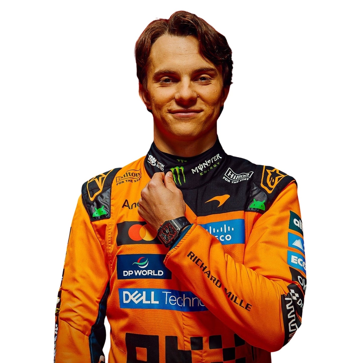 Close Up view of Oscar Piastri 2026 McLaren F1 Racing Suit