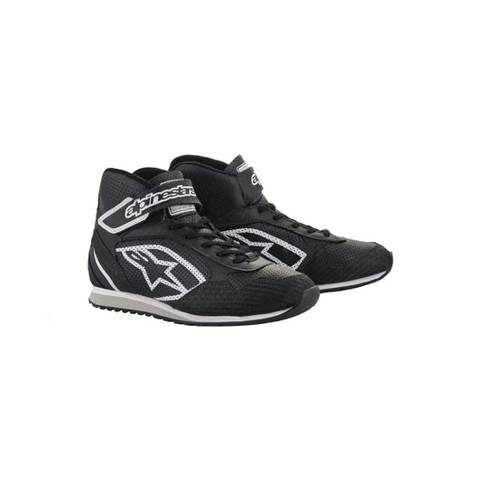 Black high-top RADAR Mechanic Racing shoes with white accents on a white background
