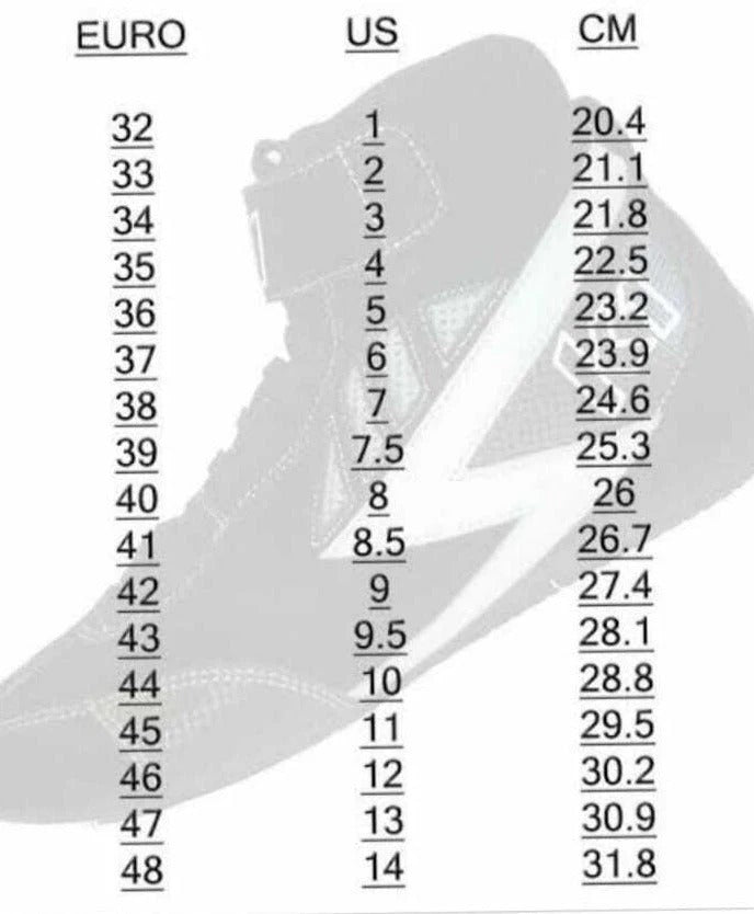 Shoe size chart converting between Euro, US, and CM measurements - Rapid Racewear