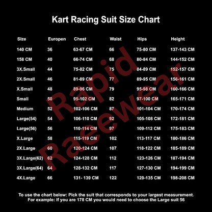 Kart Racing Suit Size Chart with measurements in centimeters and inches on a black background, and Rapid Racewear watermark