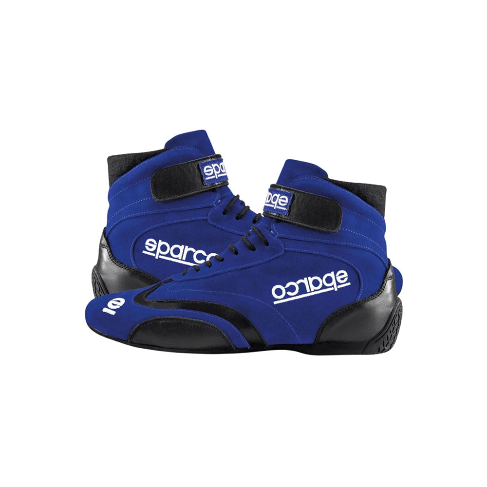Blue SPARCO Top Kart Racing boots with black soles on a white background