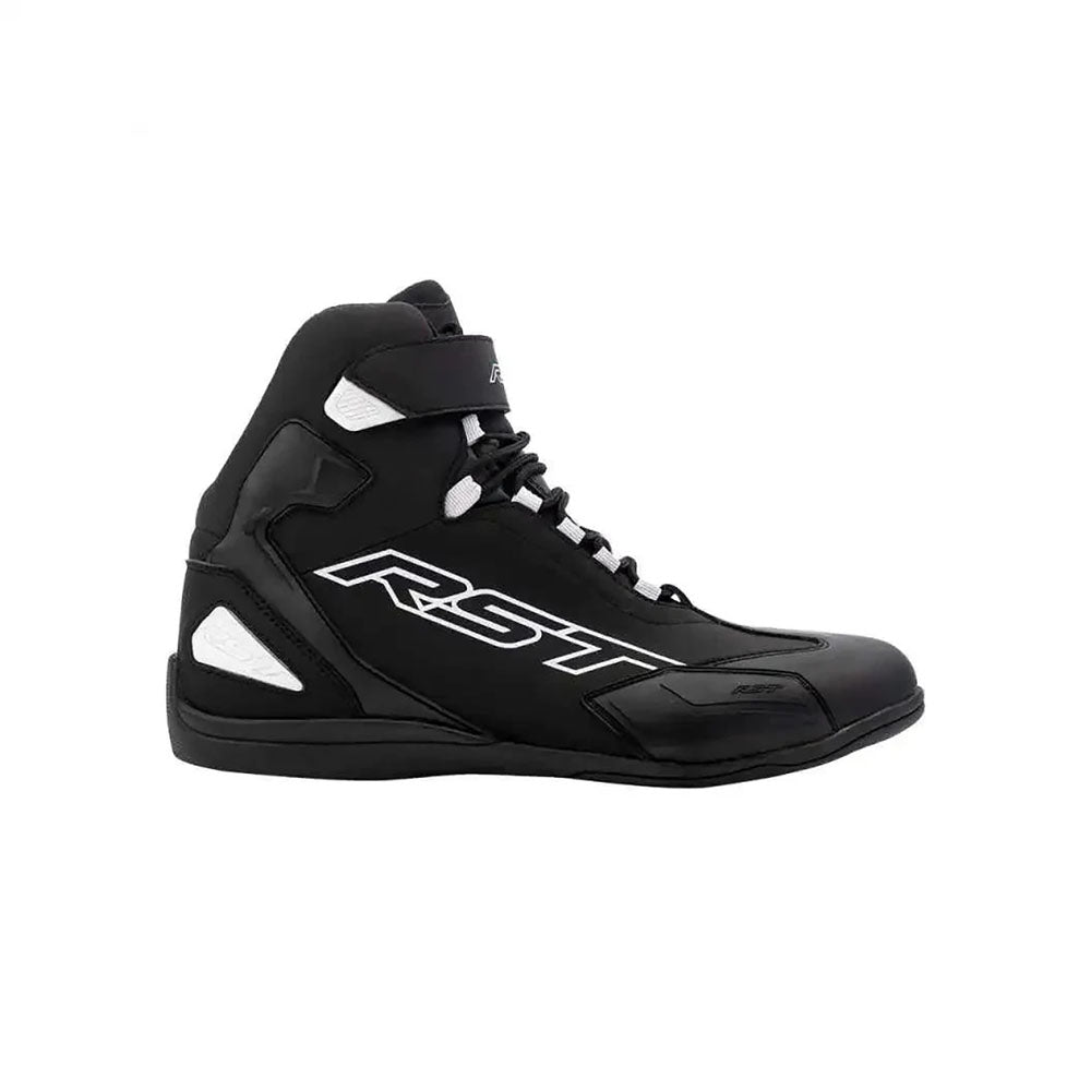 Black high-top Sabre Moto Racing boot with RST branding on a white background