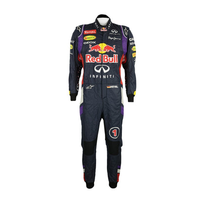 Front view of Sebastian Vettel’s 2014 F1 racing suit featuring deep blue with vibrant red and yellow accents, symbolizing energy and speed.