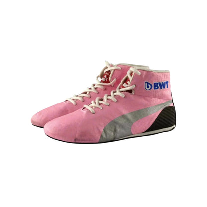 Pink high-top Sergio Perez 2019 F1 racing shoes with white laces and a gray sole on a white background, featuring the BWT logo.