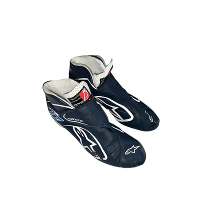 Pair of navy blue Valtteri Bottas 2015 F1 racing shoes with white accents on a white background