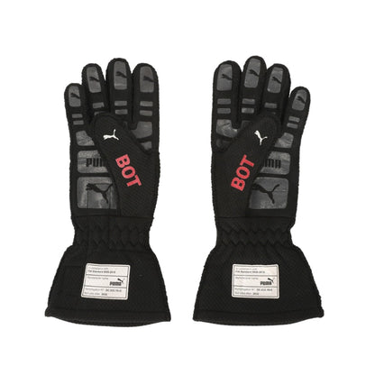 Pair of black Valtteri Bottas 2022 British GP F1 Racing gloves with red 'BOT' text and Puma logo on a white background