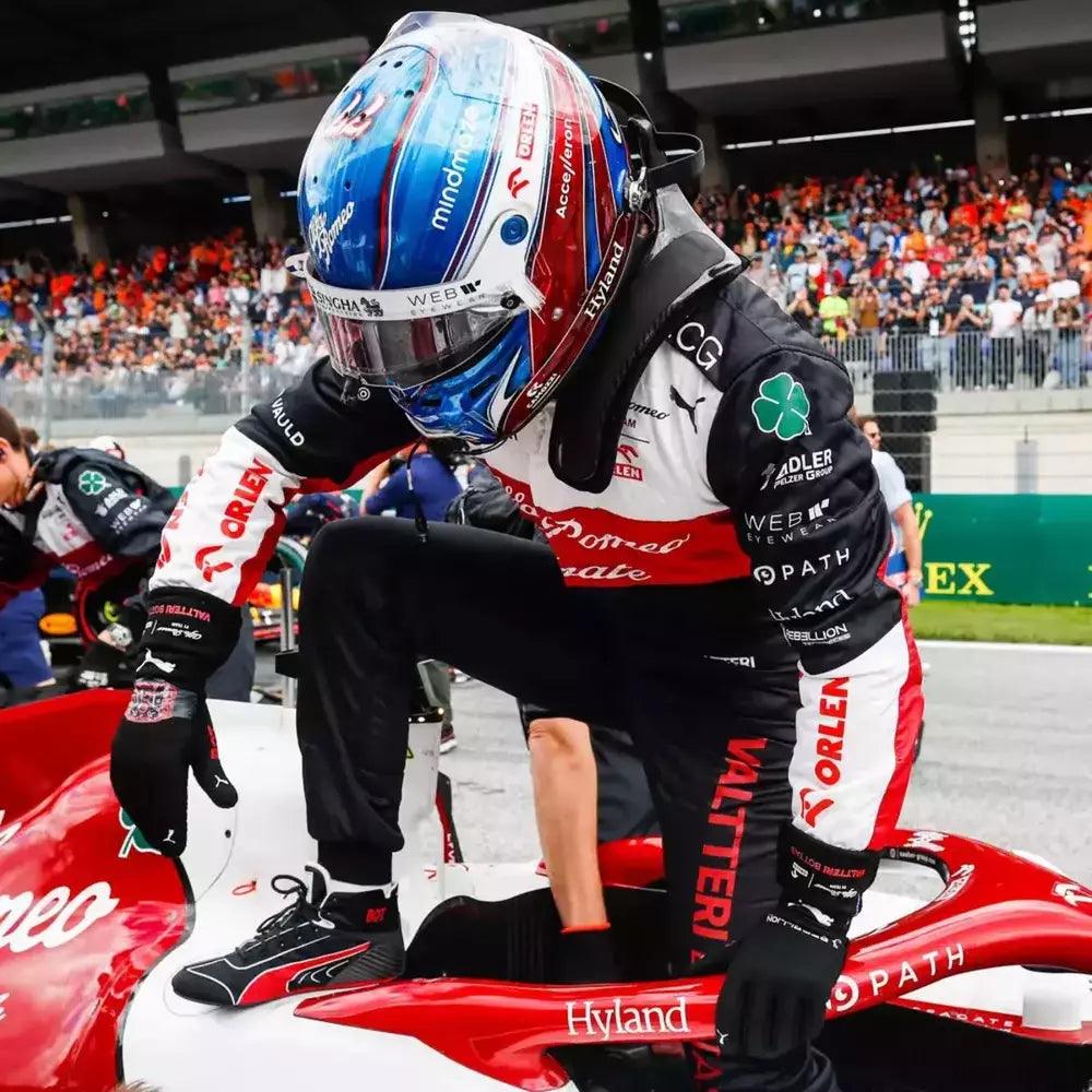 Valtteri Bottas 2022 F1 Racing Shoes Formula 1 driver in a pit stop with a red car and racing helmet.
