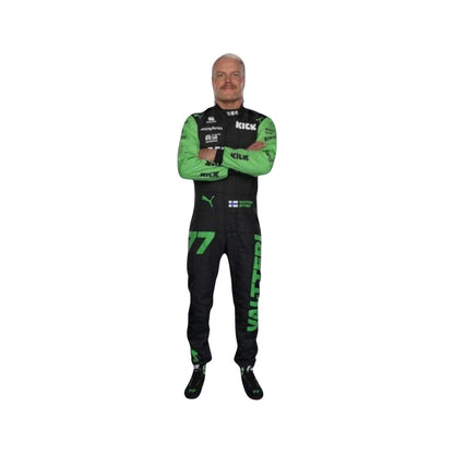 Front view of Valtteri Bottas's 2024 F1 racing suit in black with neon green sleeves and accents, showcasing a modern design.
